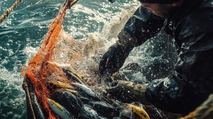 Poster - A fisherman pulls a net filled with fish from the water, droplets splashing around him as morning light breaks over the horizon.