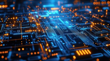 Poster - Digital Fabric: A vibrant, close-up depiction of an intricate circuit board bathed in an electric blue and orange glow, symbolizing the complex interconnectedness of modern technology.