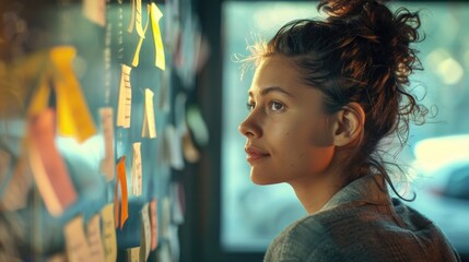 Poster - A woman stands in front of a colorful wall filled with sticky notes, conveying creativity and organization