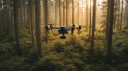 Poster - A drone hovers above a lush forest, surrounded by tall trees, as warm sunlight filters through the foliage at dusk.