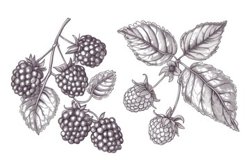 Poster - A cluster of ripe raspberries grows on a stem, ready to be picked