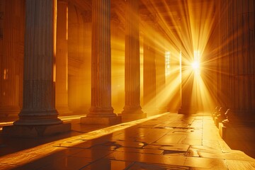 Poster - Sunlight filters through columns, creating a warm glow in a historic setting. Generative AI