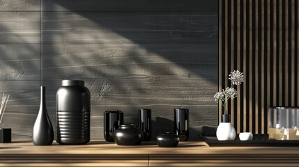 Wall Mural - Minimalist Black and White Ceramic Decor on Wooden Shelf