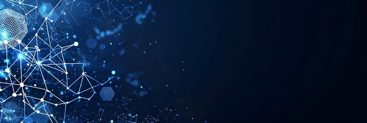 Poster - Dark blue background with white futuristic technology elements, digital connections and hexagons in motion on the left side of banner for web design or presentation.