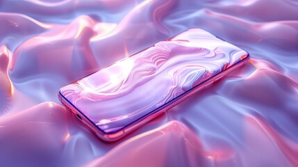 Poster - A Close-Up View of a Glossy Smartphone Resting on Fluid Abstract Patterns in Soft Light