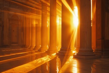 Poster - Golden light streams through columns, creating a warm atmosphere in a historical structure. Generative AI
