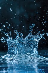 Poster - A small amount of water splashes onto a blue surface