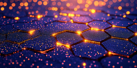 Abstract digital hexagonal pattern with glowing dots on a dark blue background, conveying a concept of technology