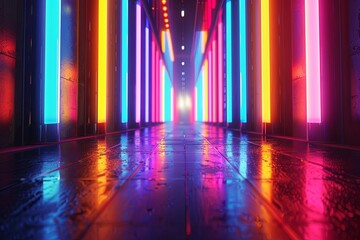 Poster - Bright neon bars illuminate a darkened passage, creating a lively and energetic ambiance. Generative AI
