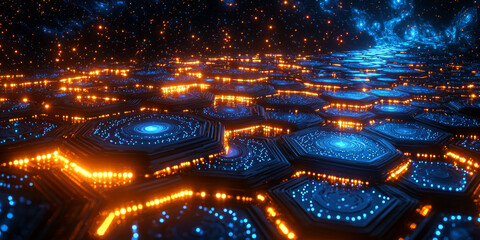Abstract digital hexagonal pattern with glowing dots on a dark blue background, conveying a concept of technology