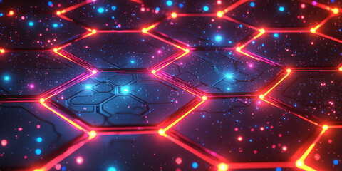 Abstract digital hexagonal pattern with glowing dots on a dark blue background, conveying a concept of technology