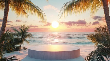 Abstract tropical sunset beach setting with 3D podium, providing copy space for product display.