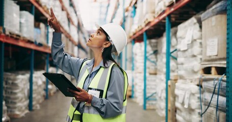 Canvas Print - Warehouse, helmet and woman with tablet, stock and inventory with internet, digital app and safety. Trade, person and employee with tech, checklist and quality assurance with logistics and export