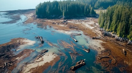 Poster - An aerial view captures a tranquil coastal area featuring driftwood scattered across shallow waters, surrounded by lush forests.