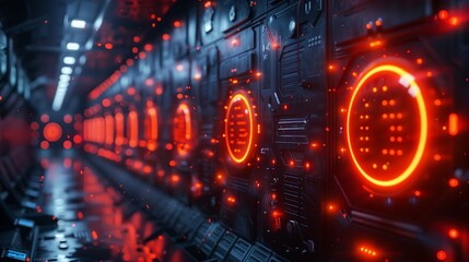 Poster - Futuristic Corridor With Glowing Red Lights In A Sci-Fi Setting At Night