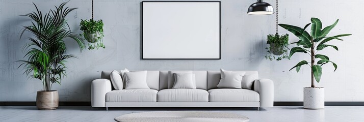 Canvas Print - Overhead lighting fixtures above circular white rug by sofa in minimalist living room decor with potted greenery and blank artwork