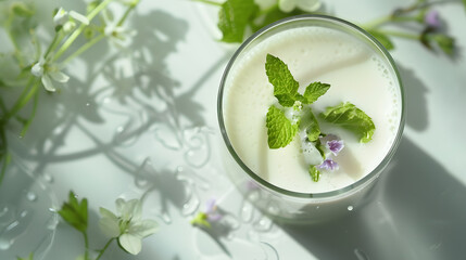 Wall Mural - A glass of milk with a sprig of mint on top