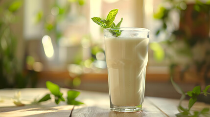 Wall Mural - A glass of milk with a sprig of mint on top