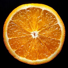 Poster - Close-up of a fresh orange slice against a dark background. Vivid colors and detailed textures depict freshness. Suitable for food photography, health-oriented projects, and illustrative purposes. AI