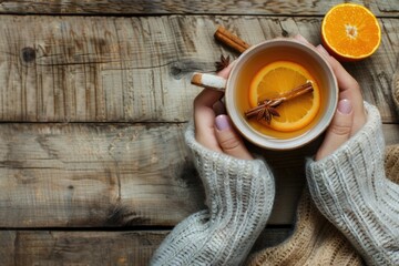 Poster - A person holds a cup of tea with orange slices, a relaxing moment
