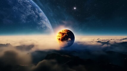 Wall Mural - a black and white image of a planet with a star in the background. the planet is surrounded by mount
