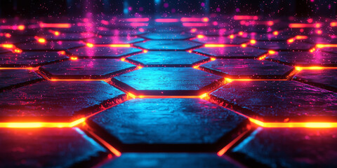 Abstract digital hexagonal pattern with glowing dots on a dark blue background, conveying a concept of technology