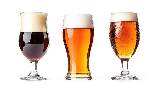 Three types of beer glasses arranged on a white background, featuring clipping paths for precise, clean images.