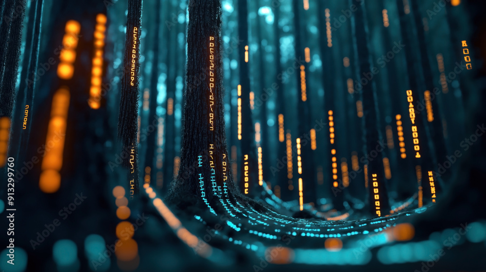 Abstract digital forest with glowing binary codes on trees and soft ...