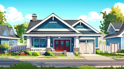 Poster - Colorful illustration of a suburban house with a garden and a sunny sky