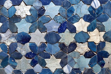 Poster - Decorative arrangement of star-shaped blue and white tiles covers the surface, showcasing intricate geometric design. Generative AI
