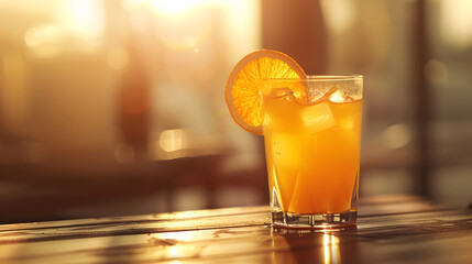 Wall Mural - A glass of orange juice with a slice of orange in it sits on a wooden table