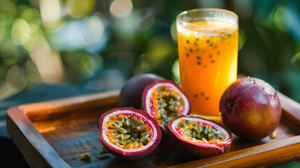 Wall Mural - A tray with a glass of orange juice and three pieces of fruit