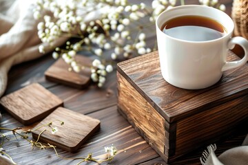 Poster - A cup of coffee sits atop a wooden crate or box, awaiting consumption
