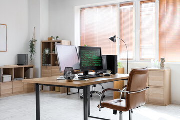 Poster - Modern workplace of programmer with double monitor in stylish office