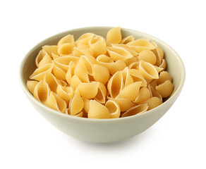 Sticker - Bowl with tasty raw conchiglioni pasta on white background