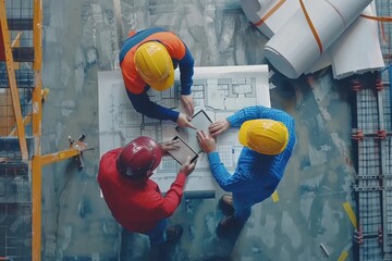 Poster - Group of construction workers gathered around a blueprint discussing the project details, great for office or corporate use