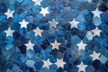 Poster - A dynamic arrangement of blue star-shaped tiles creates an eye-catching abstract pattern. Generative AI