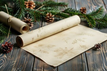 Aufkleber - A simple scene with a roll of paper resting on a wooden table, suitable for use in illustrations about writing, office work or school projects