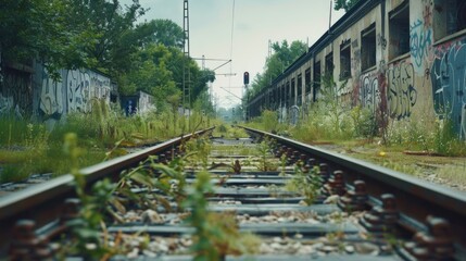 Poster - Abandoned train track with colorful graffiti, suitable for urban and travel themes