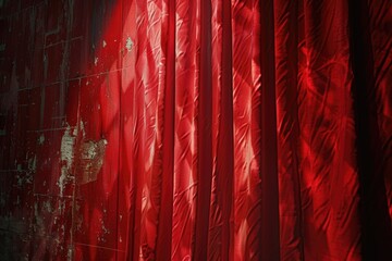 A red curtain hangs in front of a solid red wall, creating a dramatic backdrop