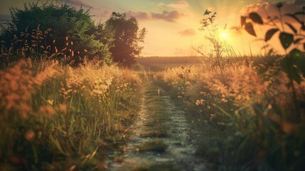 Poster - A serene landscape with the sun setting behind a field of tall grass, ideal for use in environmental or nature-related designs