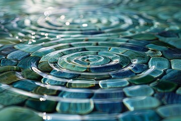 Poster - Concentric ripples expand across the tranquil water, revealing vibrant stones beneath the surface. Generative AI