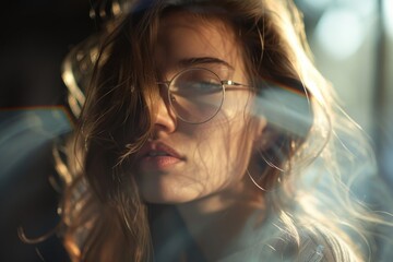 Aufkleber - A person looking out the window with glasses on, possibly reflecting or contemplating
