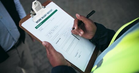 Poster - hands, construction site and men with clipboard, writing and injury report with feedback. inspection