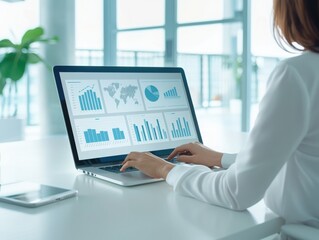 A business professional analyzing data on a laptop with visually appealing graphs and charts in a modern office environment.