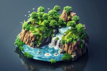 Sticker - A small island surrounded by water with a waterfall flowing down the center