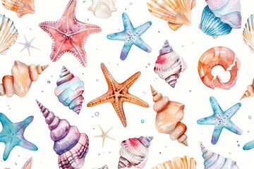 Poster - A delicate watercolor piece featuring seashells and starfish in a harmonious arrangement