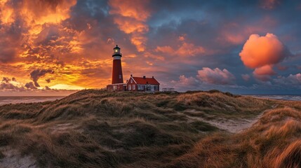 Poster - Lighthouse on a Dune Under a Dramatic Sunset