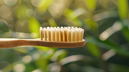 Poster - A wooden toothbrush with white bristles, ideal for everyday cleaning and oral hygiene