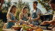 © Irina Ukrainets - Group of friends enjoying outdoor barbecue on sunny day. Four young adults preparing food at backyard grill party. Lifestyle photography showing joy of social gatherings and alfresco dining. AI